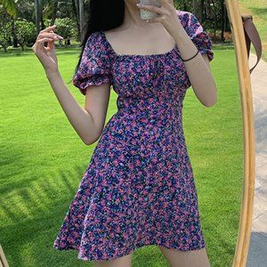 retro floral puffed sleeve A-line mini dress